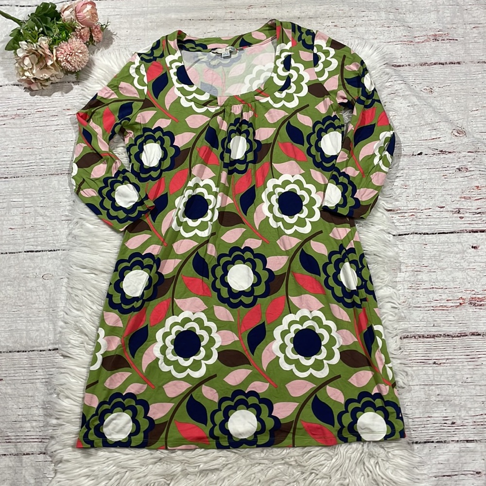 Boden Retro Floral Bold 3/4 Sleeve Jersey Shirt Dress